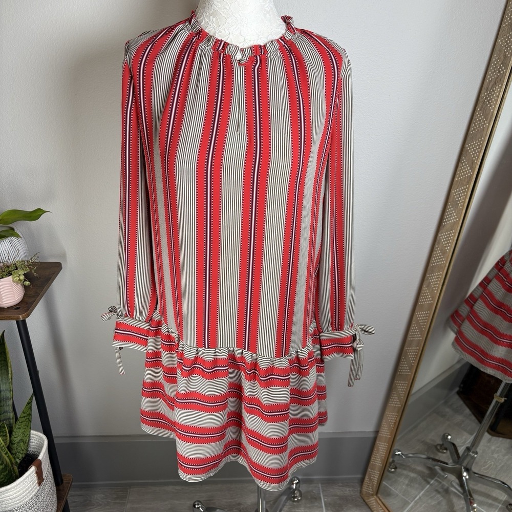 LOFT Womens S Red Striped Drop Waist Dress Preppy Ruffle Hem Tie Cuff Polyester
